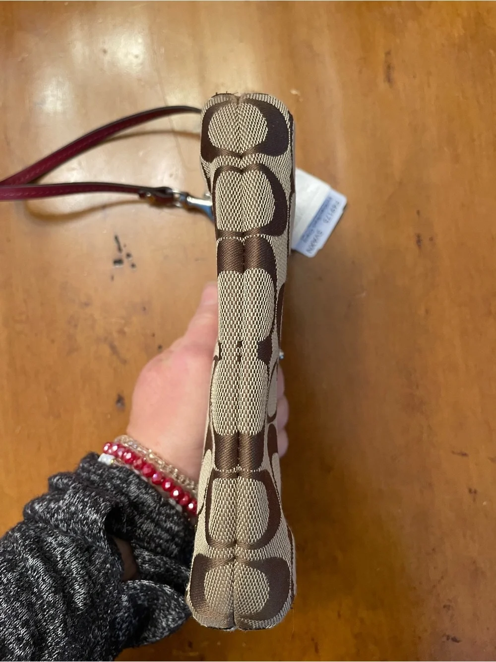 Coach-NWT-Signature Canvas Wristlet in Khaki/Chalk with Ruby Trim